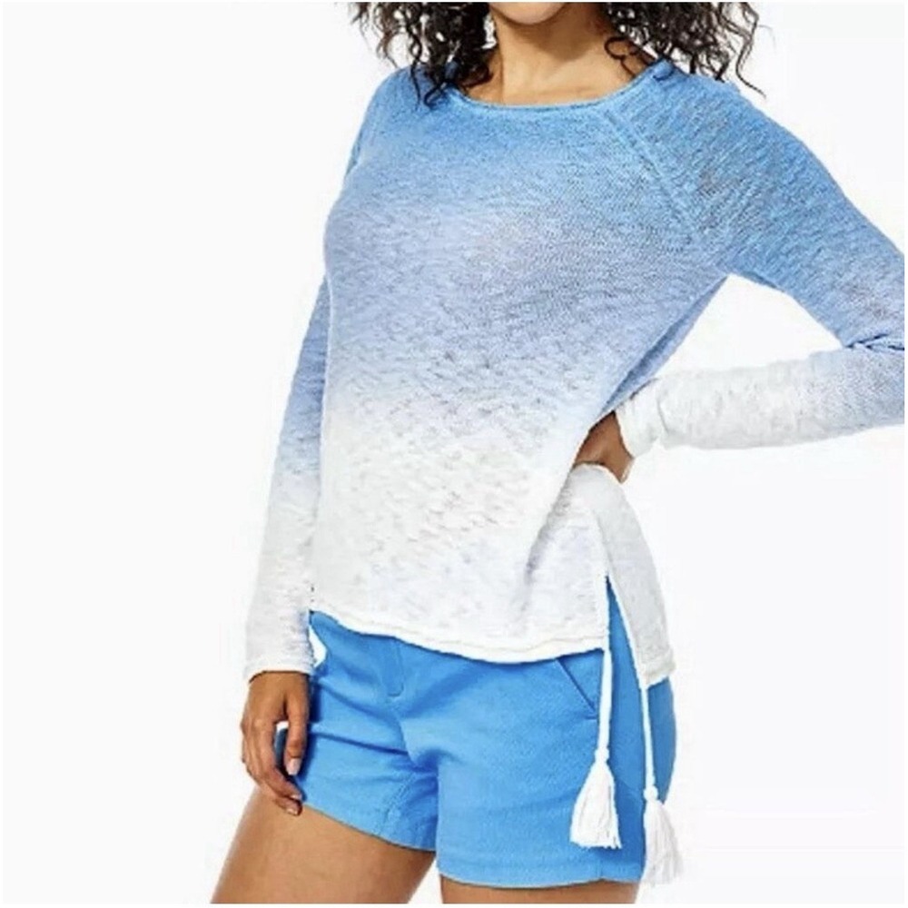 Lilly Pulitzer Jody Sweater Size XS Zanzibar Blue Dip Dye Ombre Side Vent Tassel